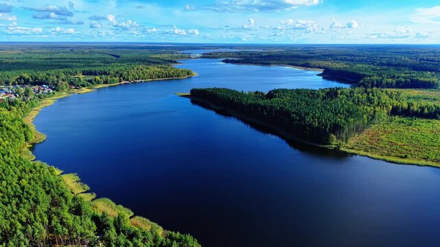 Aerial view of winding river surrounded by dense green forest landscape under clear blue sky