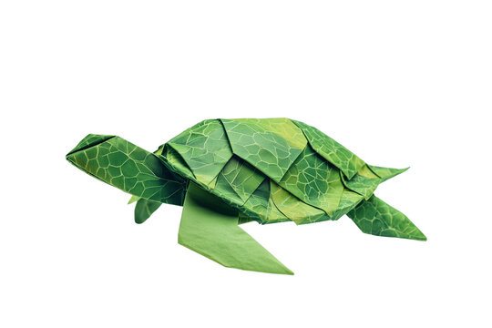 Green origami turtle made from folded paper