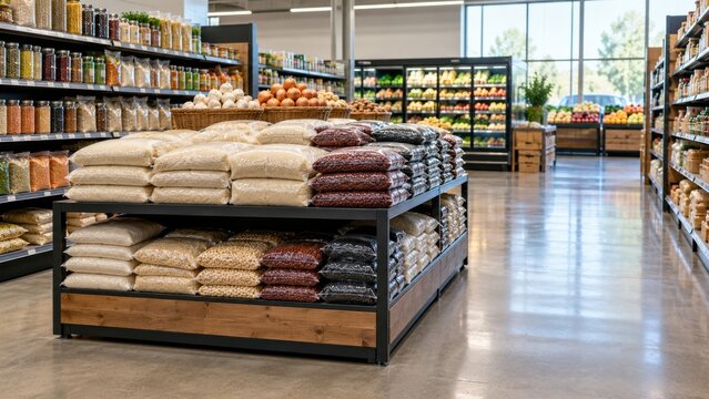 Rice, grains, and packaged goods displayed on shelves in a grocery store
