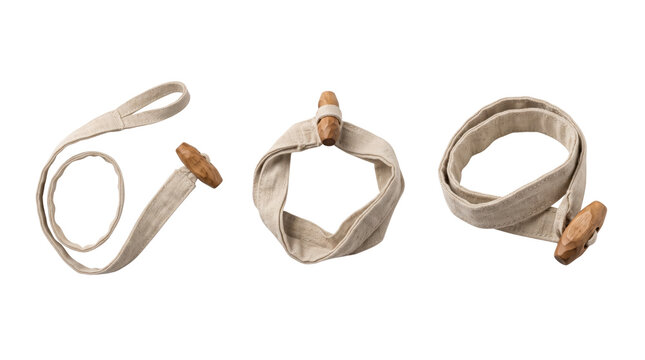 Three beige linen fabric straps with wooden toggle buttons arranged in different loops and configurations isolated on a transparent background