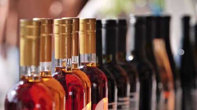 Wine bottles with ros and red wine at a tasting event or winery display