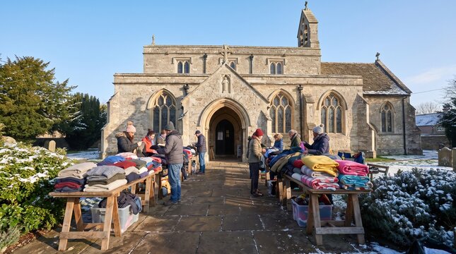 Volunteers organize stacks of folded sweaters and blankets on outdoor wooden tables outside an ancient stone church on a sunny winter day.
