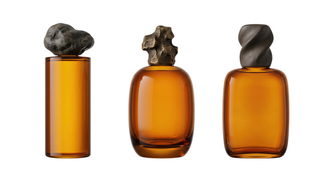 Three amber glass perfume bottles with unique sculptural caps arranged in a row isolated on a transparent background