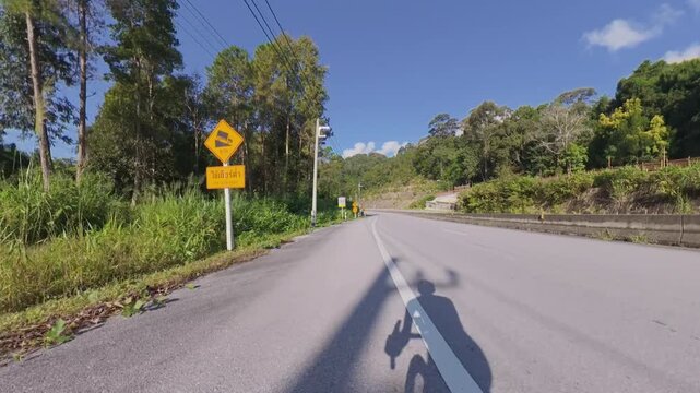 Downhill cycling POV on a sunny road through green forested hills, with the cyclist and bicycle casting a long shadow across the asphalt beneath a clear blue sky.