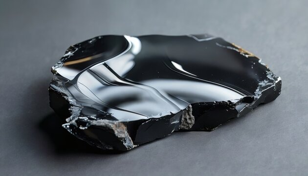 Black obsidian with glossy conchoidal fracture seen at an angle