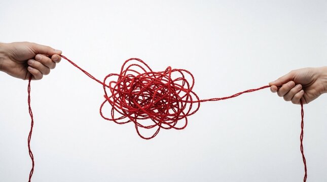 Two hands hold ends of tangled red string. Messy knot creates complex connection between people. Concept of difficult communication, problem solving, relationship issues. Hands try to pull untangle