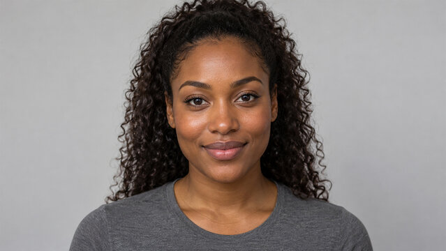 Close up beauty portrait of a smiling young Black woman with natural curly dark hair, glowing healthy skin and minimal makeup, looking directly at camera against a neutral gray studio background