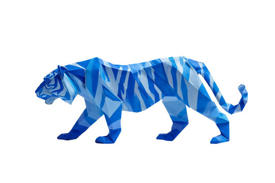 Blue origami tiger paper craft isolated on white background