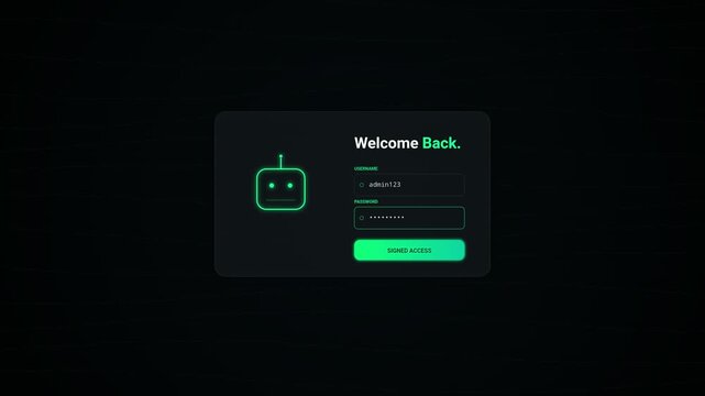Dark futuristic login user interface screen featuring a neon green robot icon and secure access authentication panel for digital services.