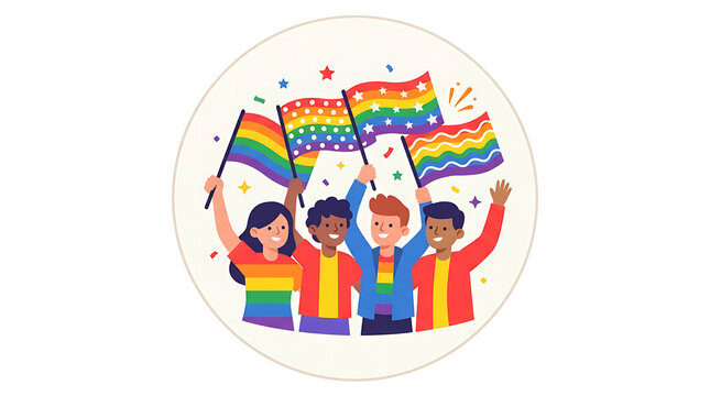Diverse group of young people waving pride flags celebrating together in a circular frame
