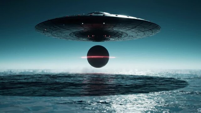 Sci-fi scene of flying saucer and planetary orb over ocean