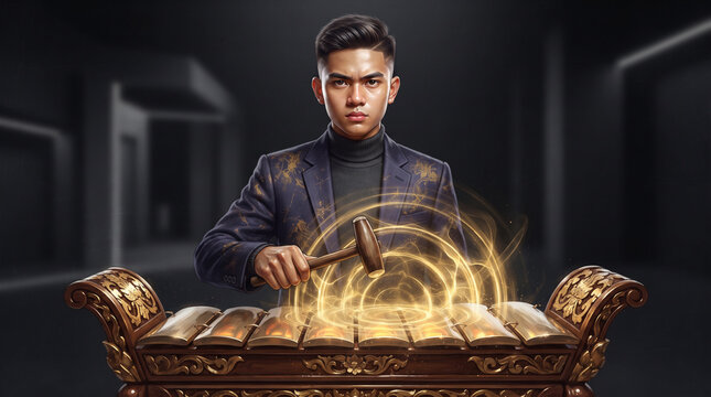 A focused man in a luxury suit playing a traditional javanese saron gamelan instrument that generates glowing wave circles