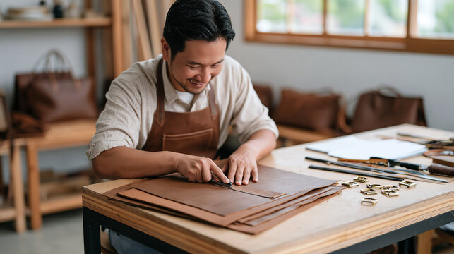 Independent leather bag maker cutting vegetable-tanned leather pieces on a sturdy workbench, metal buckles, stitching tools and unfinished handbags arranged around the studio,