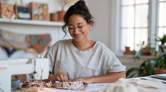 Small handmade pet accessory business owner sewing colorful dog bandanas and fabric collars in a home studio, sewing machine, patterned textiles and finished products displayed on