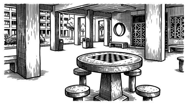 Public Housing Void Deck with Chess Table Vector Illustration