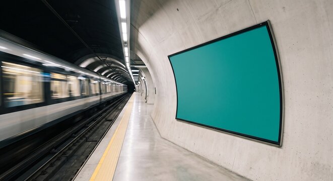 Blank horizontal teal advertising billboard mockup on a pristine underground subway tunnel wall with a passing train. Under 170 characters.