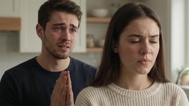 Distraught man pleading for forgiveness to a disappointed young woman