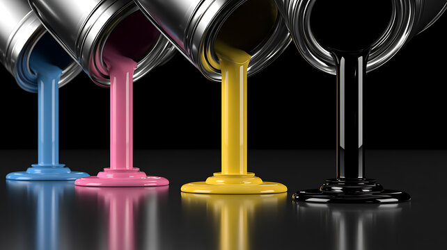 Cmyk ink cans pouring cyan, magenta, yellow and black color