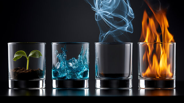 Four elements in glasses representing earth, water, air, and fire