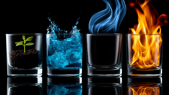 Four glasses with four elements earth water air and fire