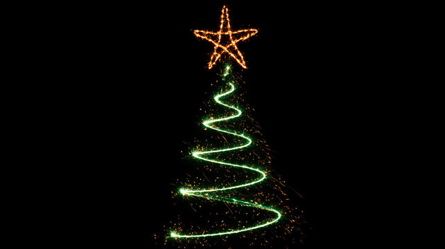 Sparkler christmas tree with star light on black background