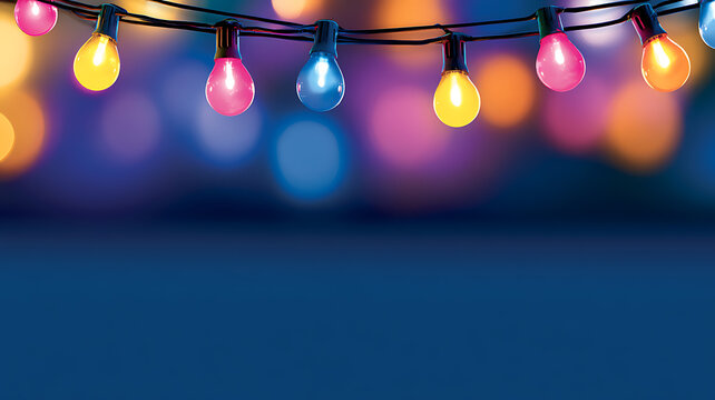 Festive holiday string lights with glowing colorful bulbs against a dark night background