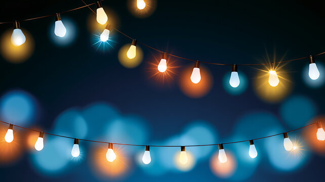 Bright glowing festive string lights against a dark night background