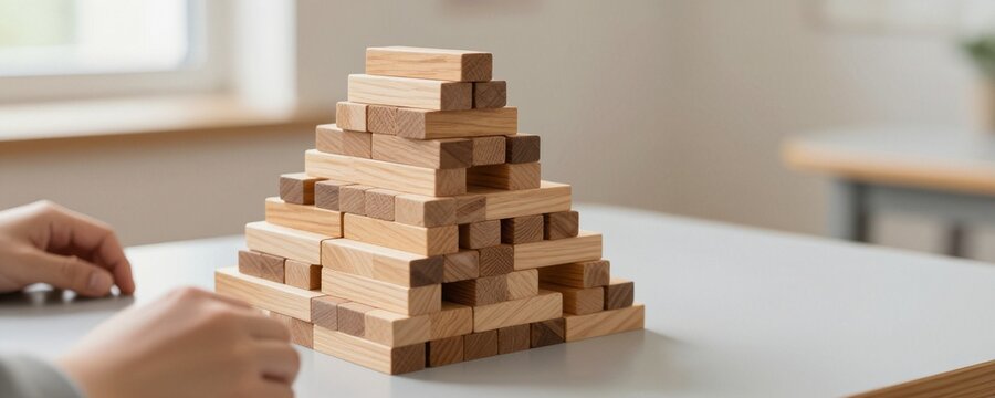 Pyramid stack of premium polished wooden blocks arranged neatly on a clean light-gray educational table with soft natural window light