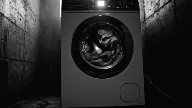 Claustrophobic monochrome shot of a washing machine operating in a dingy basement setting with ominous lighting