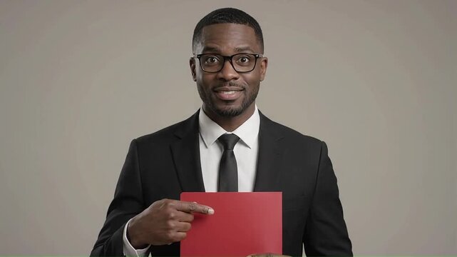 Professional man in suit pointing at empty red presentation folder