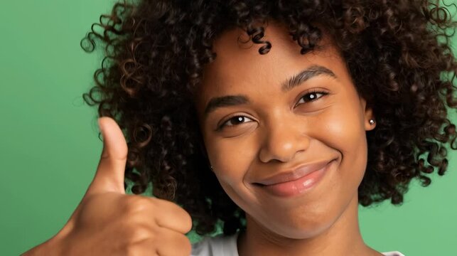 Young Woman with Curly Hair Cheerfully Giving Thumbs Up