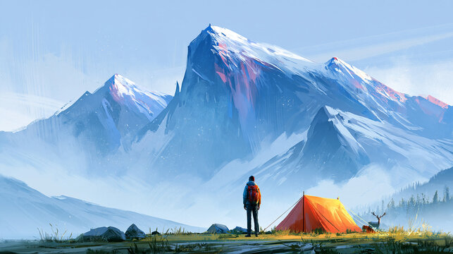 A lone camper stands beside an orange tent on grassy terrain, facing towering snow-capped mountains under a clear blue sky.