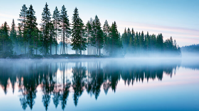 A serene lakeside scene with tall pine trees reflected perfectly on calm water, surrounded by morning mist and a soft pastel sky.