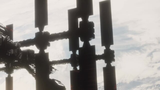 A sleek, intricate space station hovers in the void, showcasing advanced design and technology. Stars and distant celestial bodies provide a breathtaking backdrop to this monumental structure.