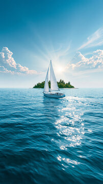 A sailboat glides on sparkling blue water with the sun shining brightly behind a small island under a partly cloudy sky.