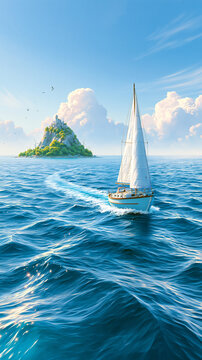 A white sailboat glides across vibrant blue waters toward a small lush island under clear skies with scattered clouds and birds flying above.