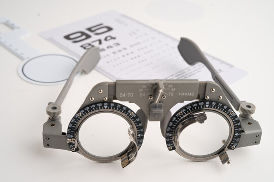 Ophthalmic trial frames to visual acuity eye test.