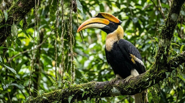 Great hornbill perched on a mossy branch inside a lush green tropical rainforest habitat