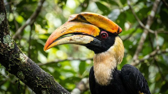 Stunning close up portrait of a magnificent Great Hornbill perched in a lush tropical rainforest tree branch