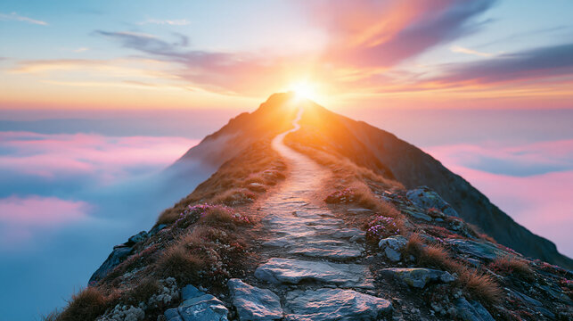 A breathtaking mountain path leads to a glowing sunrise above a sea of clouds, creating a serene and inspiring natural landscape.