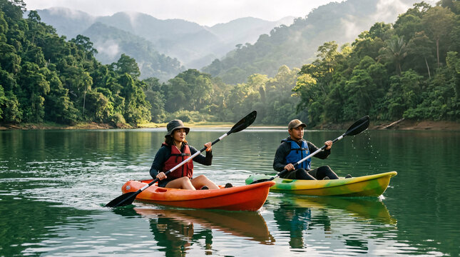 Two Adventurous Travelers Kayaking Across Calm Tropical Mountain Lake Surrounded by Lush Rainforest in Morning Sunlight