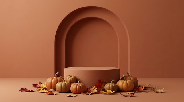 Minimalist product display podium with autumn pumpkins and dried leaves on brown background