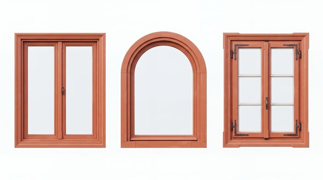 Three terracotta colored window frames featuring a rounded arch, sliding glass panels and rustic rectangular windows. Warm Mediterranean inspired architectural collection.
