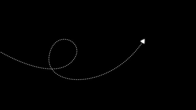 Minimalist following wavy dotted moving arrow line icon animation on black screen. K wavy dotted line arrow animation following path, Animation following wavy dotted line.Dotted line and target arrow.