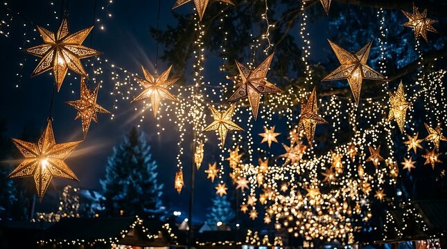 Festive glowing star decorations hanging in a dark night sky background for christmas