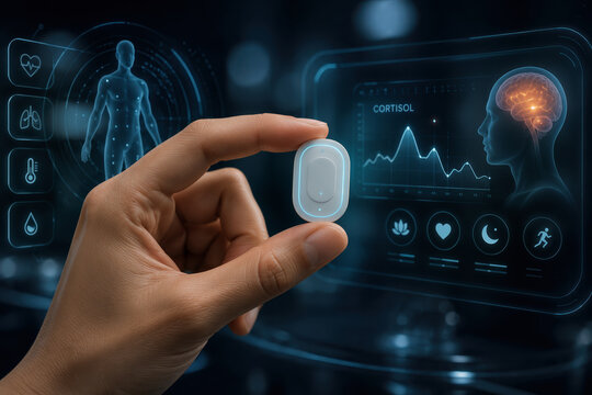 Cortisol wearable sensor held between fingers showcasing continuous stress monitoring and mental health biometrics in futuristic preventive health interface for bio‑monitoring