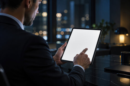 Businessman interacting with tablet mockup in modern dark office at night blank white screen for digital presentation touchscreen device concept professional corporate workspace