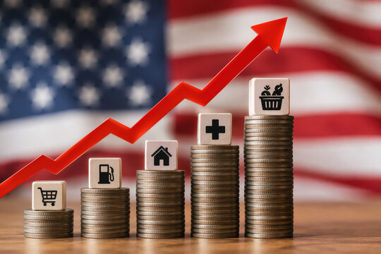 Stacks of US coins rising with red upward arrow in front of American flag representing rising inflation consumer prices and increased economic cost for United States market and households