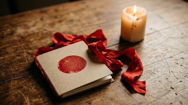 Vintage book with red wax seal and ribbon on a rustic wooden table