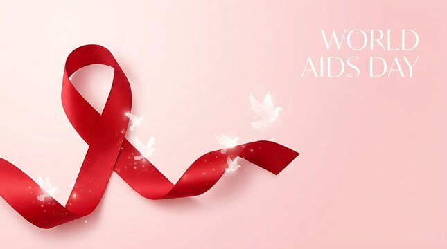 Red awareness ribbon for hiv aids awareness on a soft pink background